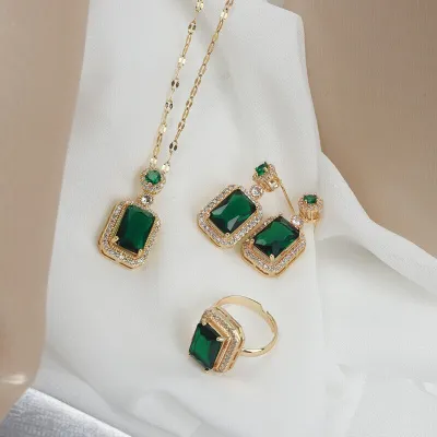 Women's Rhinestone Green Square Necklace Set (4 Pcs)